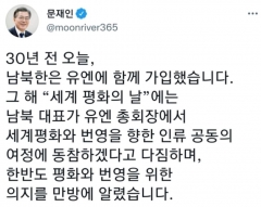 文대통령 “남북, 30년 전 오늘 유엔에 함께 가입···아직 가야할 길 남아”